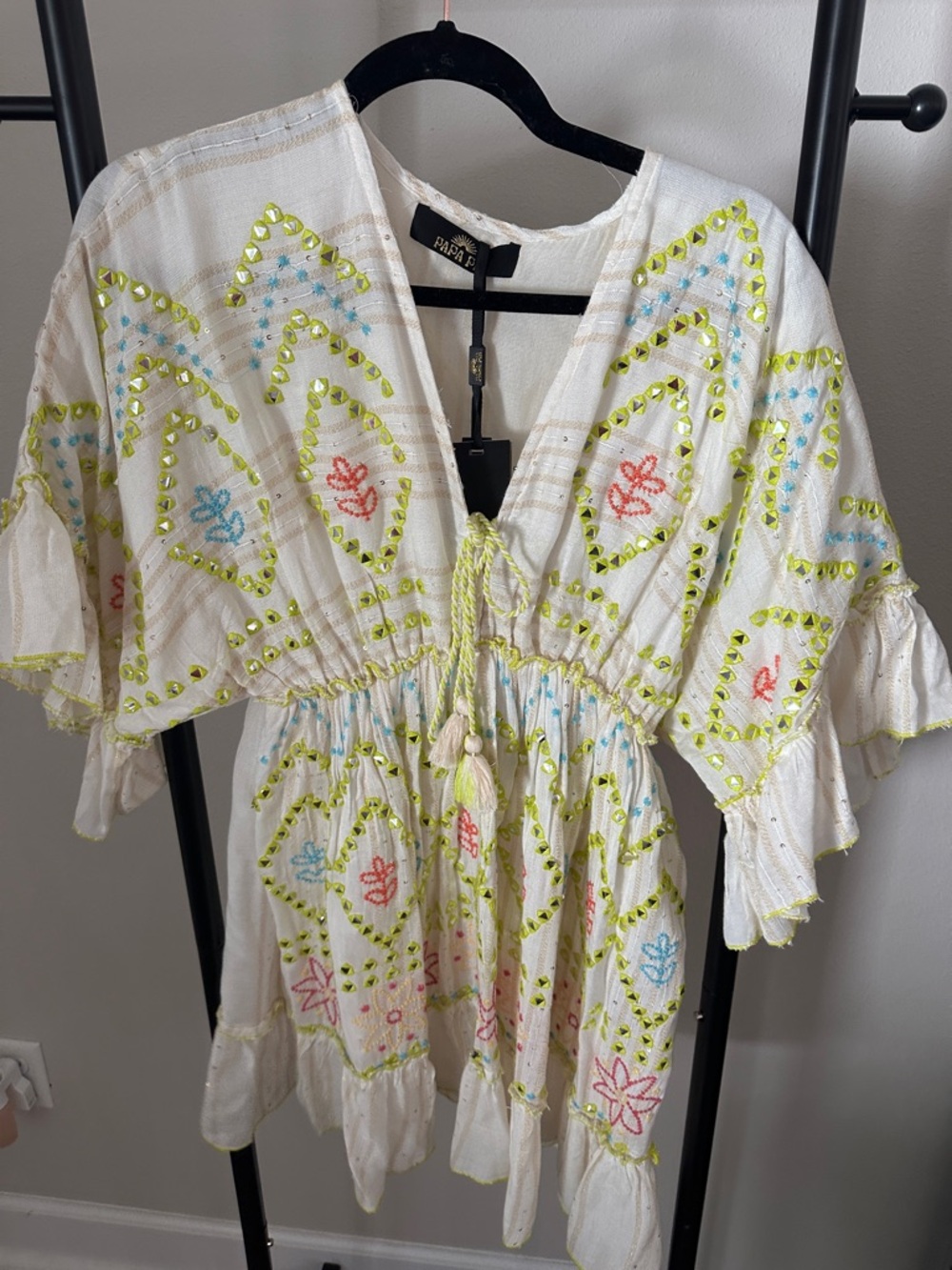 Pipa Bella Embroidered Boho Tunic - White with Lime, Blue & Coral Accents